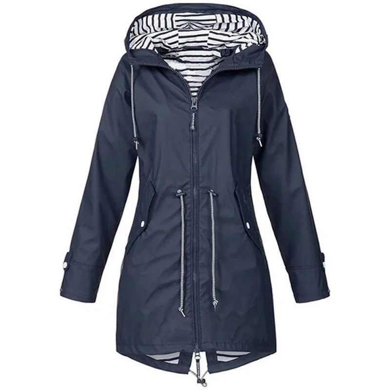 Damen Leichter Wasserdichter Regenmantel Ideal für Lässige Outdoor-Wanderungen Trench-Stil mit Kordelzug