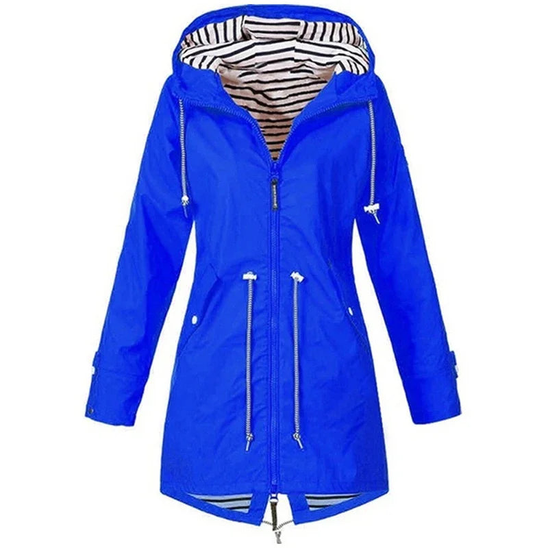 Damen Leichter Wasserdichter Regenmantel Ideal für Lässige Outdoor-Wanderungen Trench-Stil mit Kordelzug