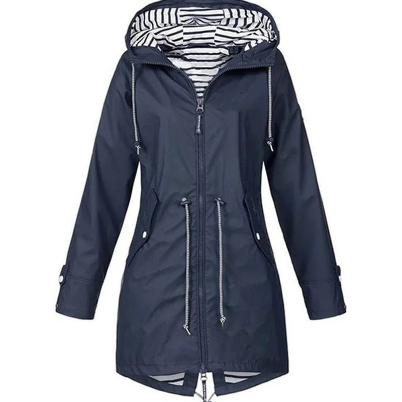 Damen Leichter Wasserdichter Regenmantel Ideal für Lässige Outdoor-Wanderungen Trench-Stil mit Kordelzug